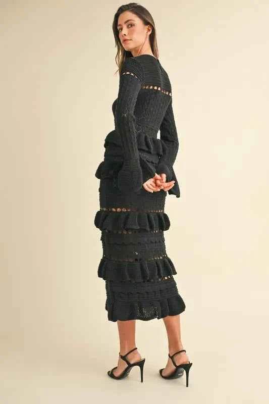 MABLE Long Sleeve Tiered Ruffle Knit Midi Dress.