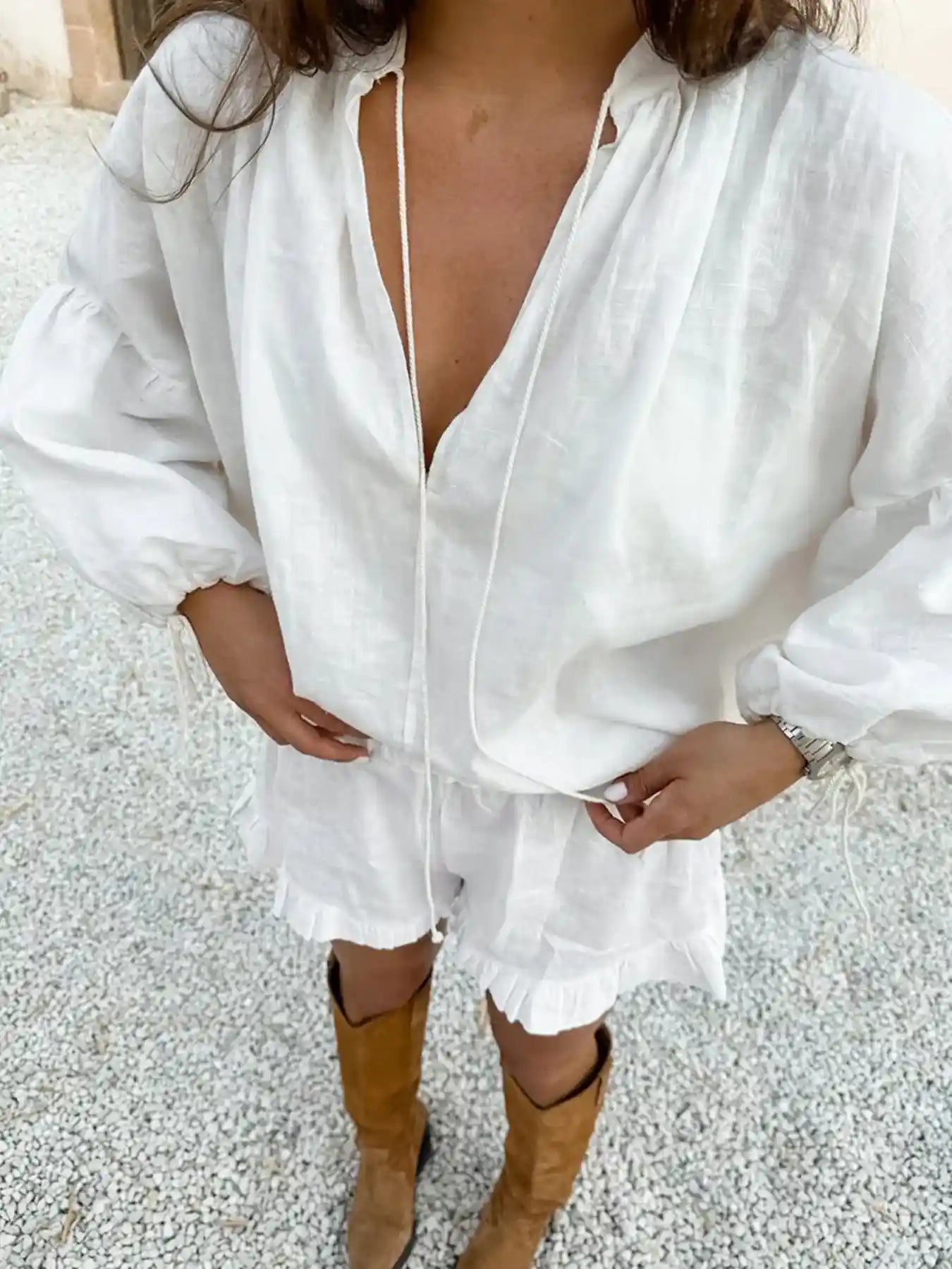 Tie Neck Balloon Sleeve Blouse and Shorts Set.