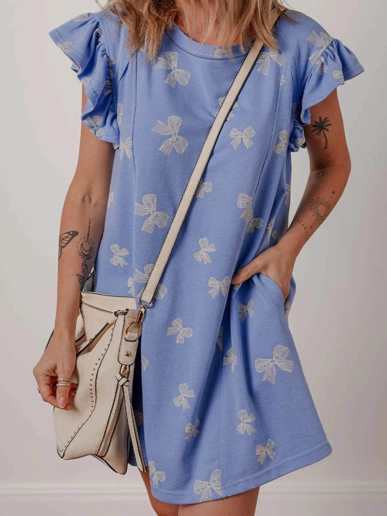 Bow Knot Print Ruffled Sleeve Crewneck Mini Dress.