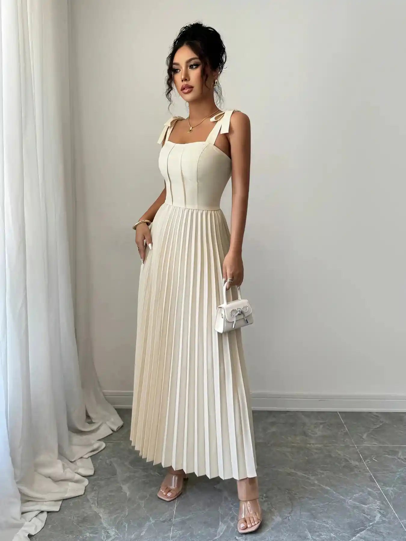 Pleated Tie-Shoulder Maxi Dress.