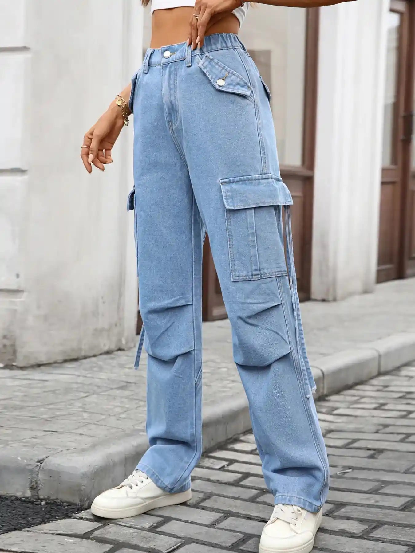 High Waisted Cargo Pocket Jeans.