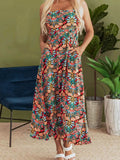 Floral Print High Waist Maxi Dress with Thin Straps.