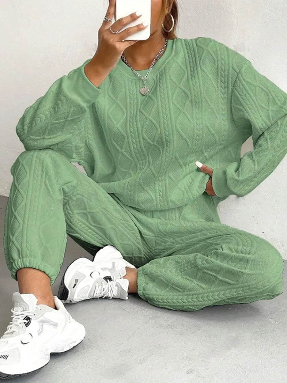 Texture Round Neck Top and Pants Set.