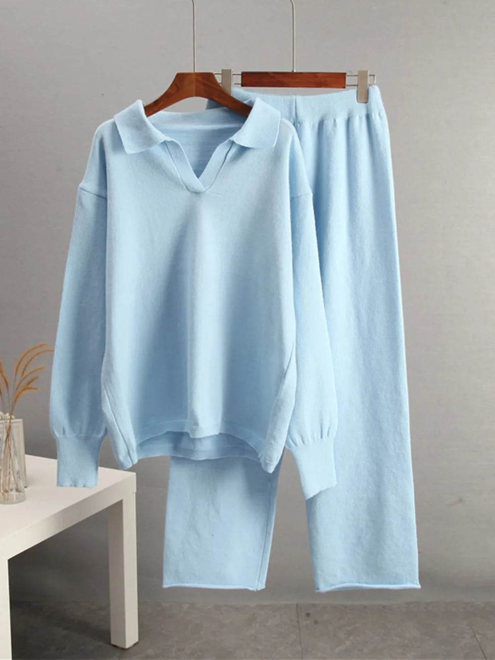 Johnny Collar Long Sleeve Top and Pants Sweater Set - EBYNN