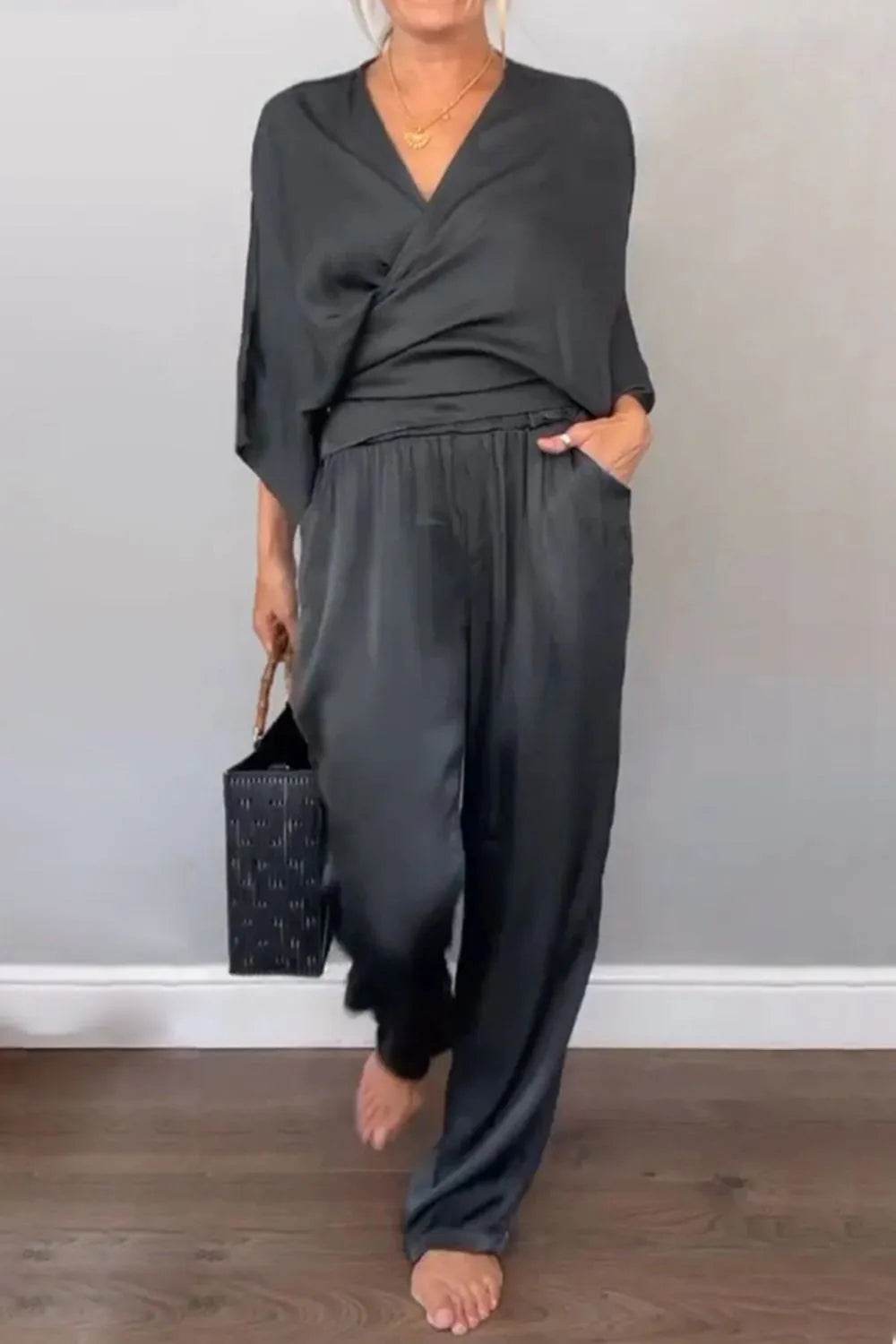 Plus Size Wrap Set - Stylish Surplice Top and Pants for Effortless Elegance - EBYNN