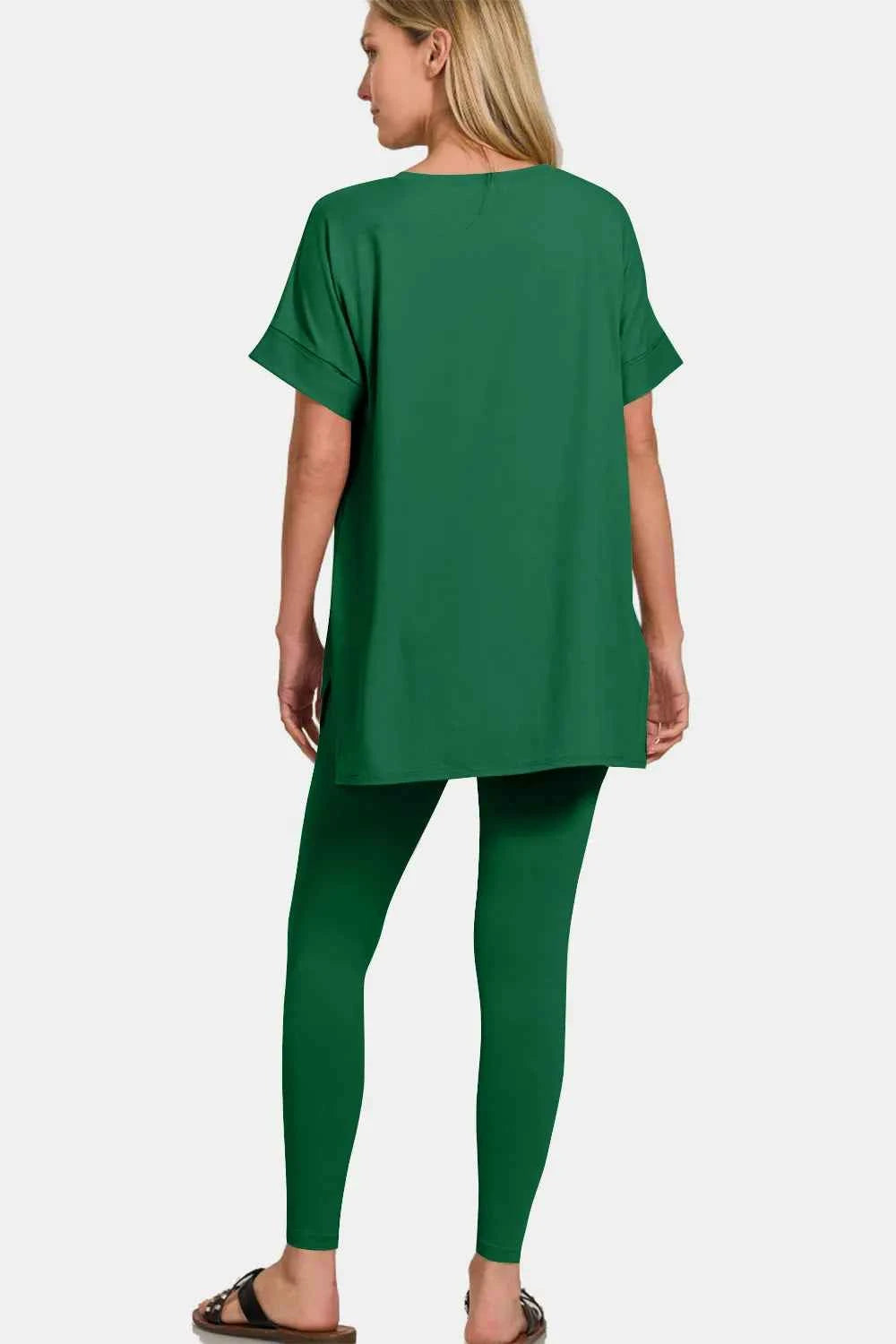 Zenana V-Neck Rolled Short Sleeve T-Shirt and Leggings Set.