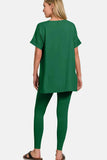 Zenana V-Neck Rolled Short Sleeve T-Shirt and Leggings Set.