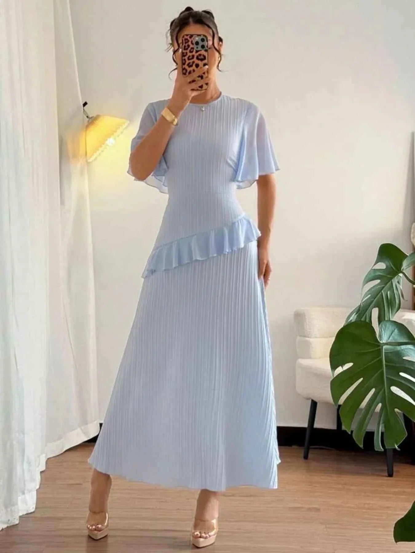 Ruffled Round Neck Flutter Sleeve Dress.