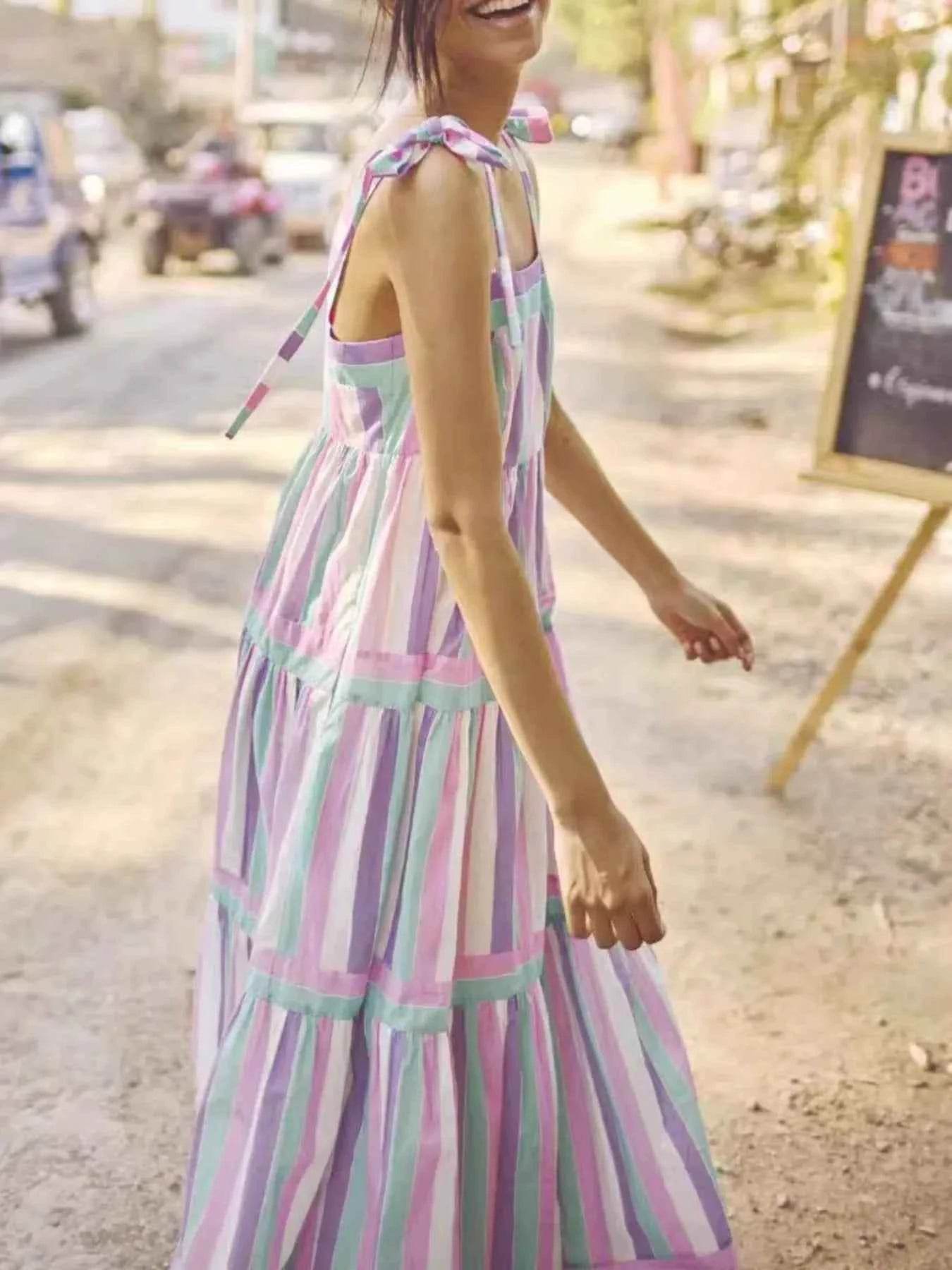 Striped Tiered Maxi Summer Dress with Bow Shoulder Ties.