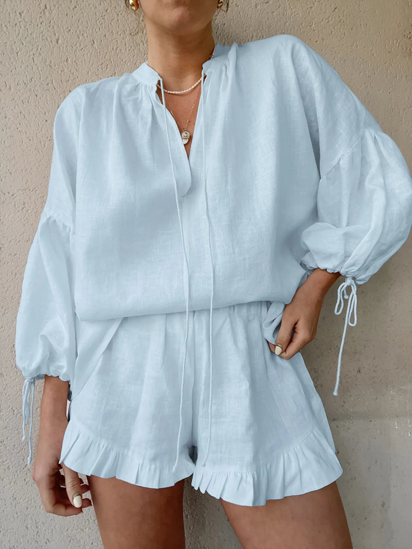 Tie Neck Balloon Sleeve Blouse and Shorts Set.