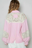 POL Printed Woven Mix Raw Hem Jacket with Lace Detail.