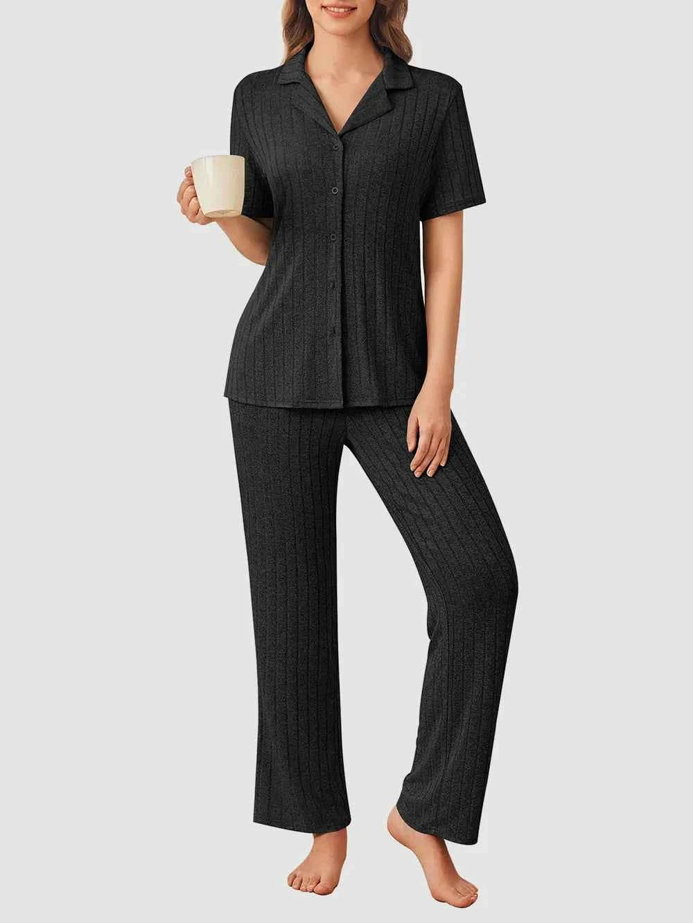 Button Down Long Sleeve Top and Pants Lounge Set.