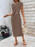 Striped Round Neck Cap Sleeve Midi Dress.