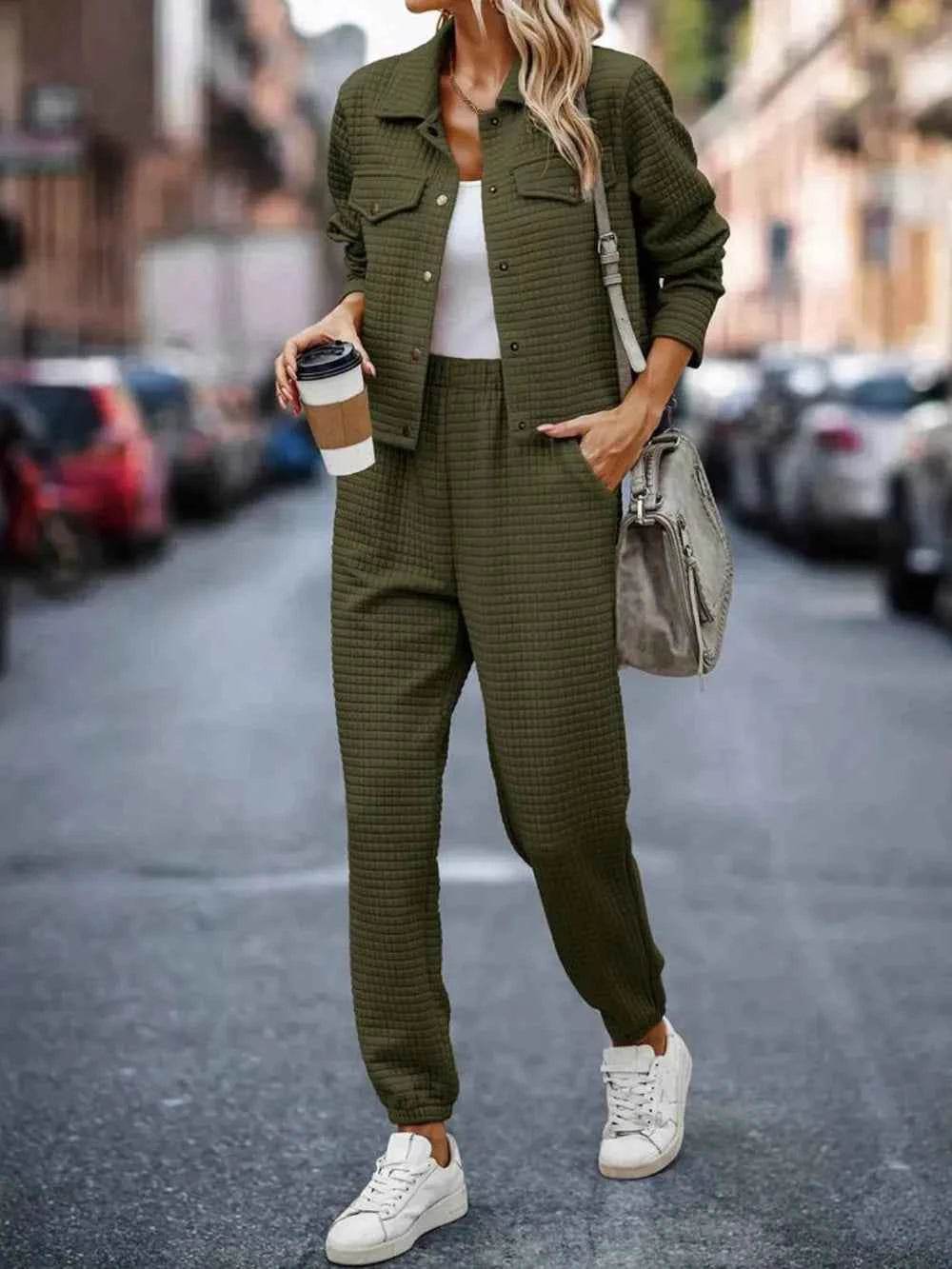 Plaid Texture Snap Down Top and Pants Set.