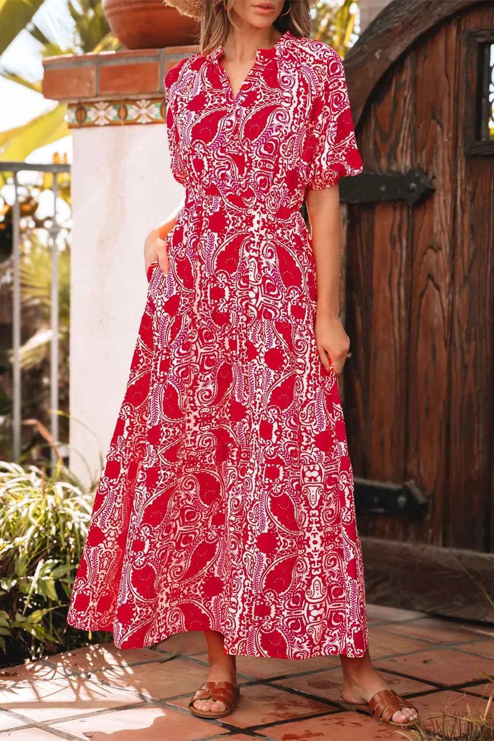 Paisley Print Puff Sleeve High Waist Maxi Dress.