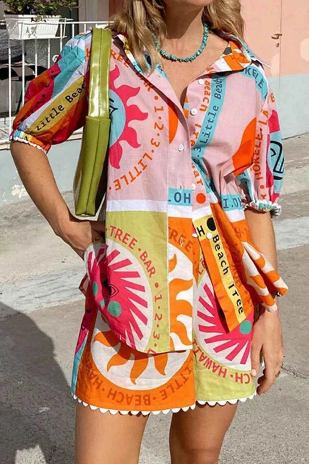 Printed Button Down Shirt and Shorts Set - EBYNN