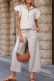 Textured Ruffled Sleeve Zipped Top & Wide Leg Pants Set - EBYNN