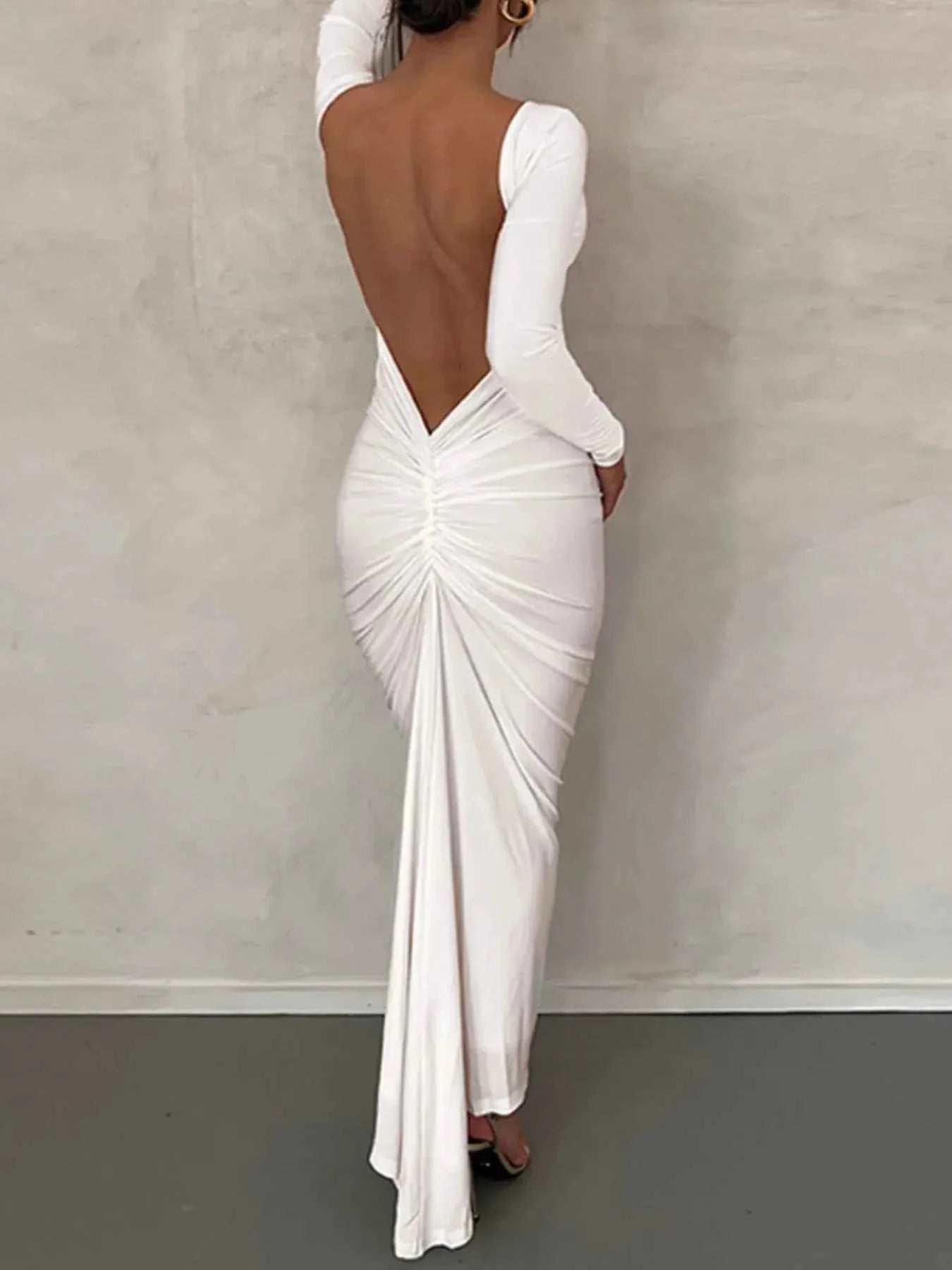 Backless Ruched Long Sleeve Maxi Dress.