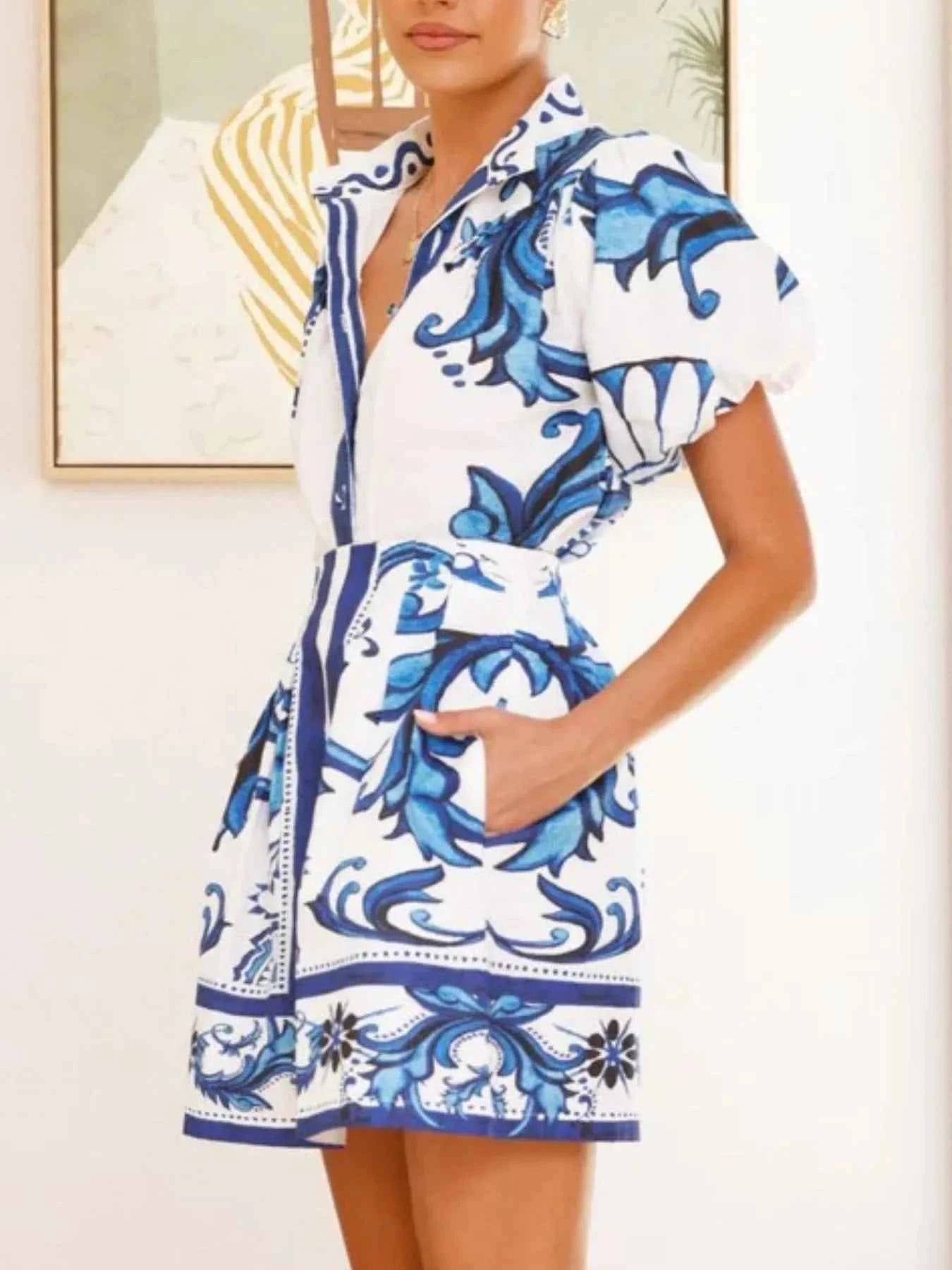 Printed Puff Sleeve Top and Skirt Set.