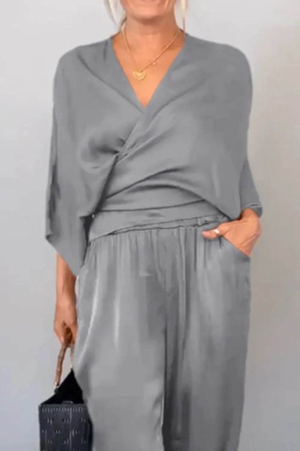 Plus Size Wrap Set - Stylish Surplice Top and Pants for Effortless Elegance - EBYNN