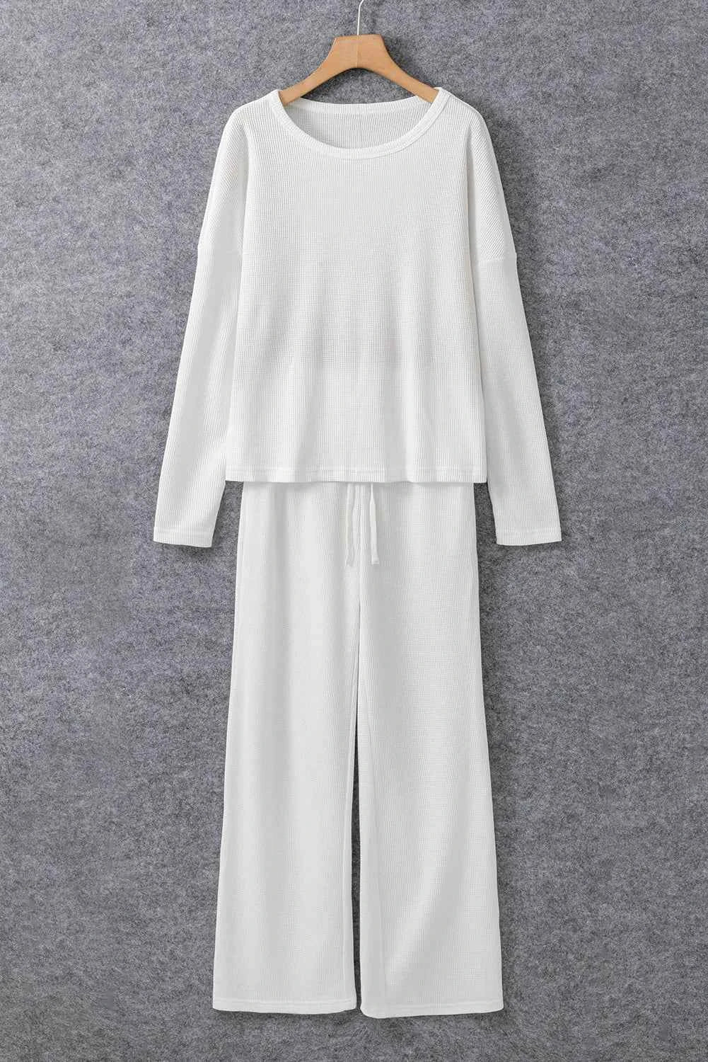 Round Neck Long Sleeve Top and Drawstring Pants Lounge Set.