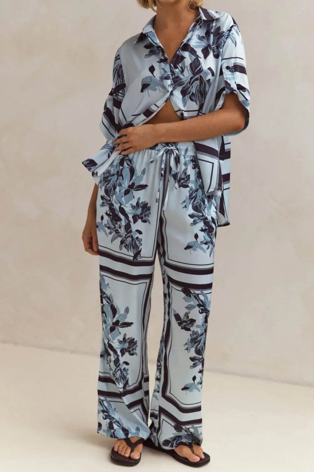 Printed Button Up Shirt and Pants Set - EBYNN