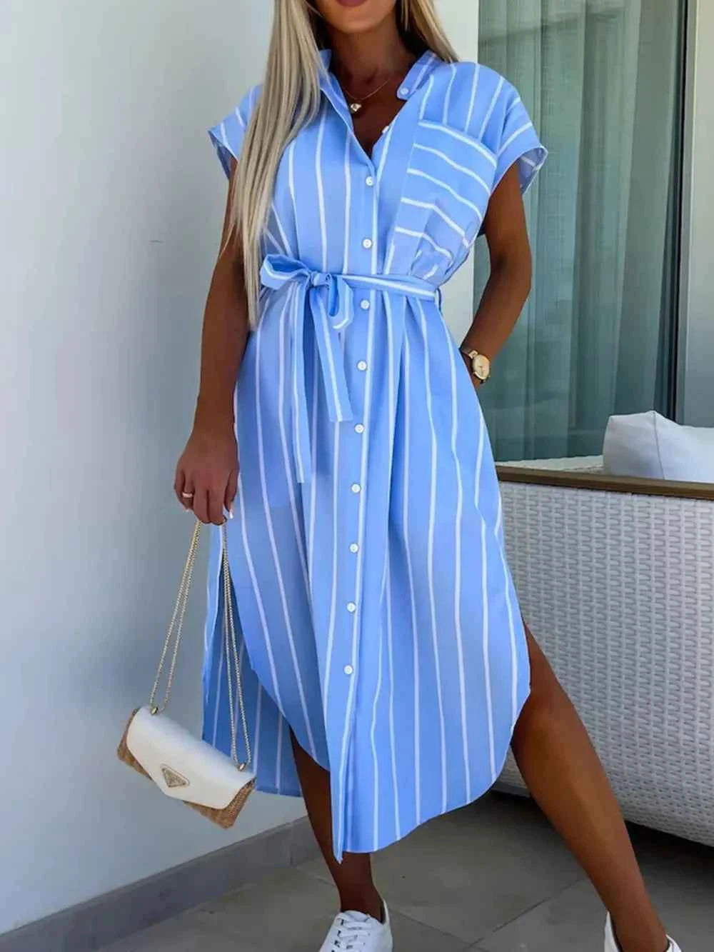 Striped Tie Waist Short Sleeve Dress.