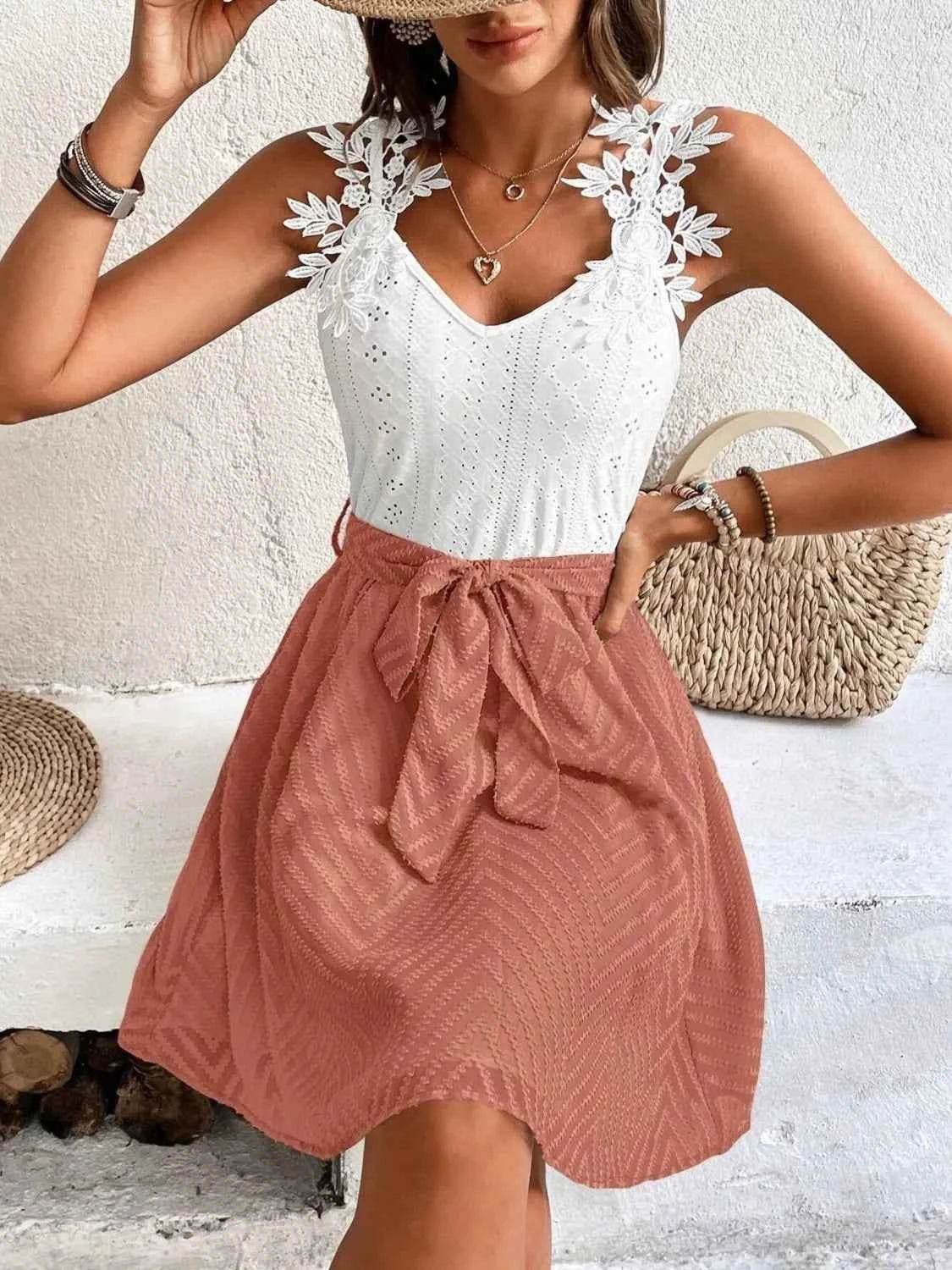 Lace Detail Tie Waist Mini Cami Dress.