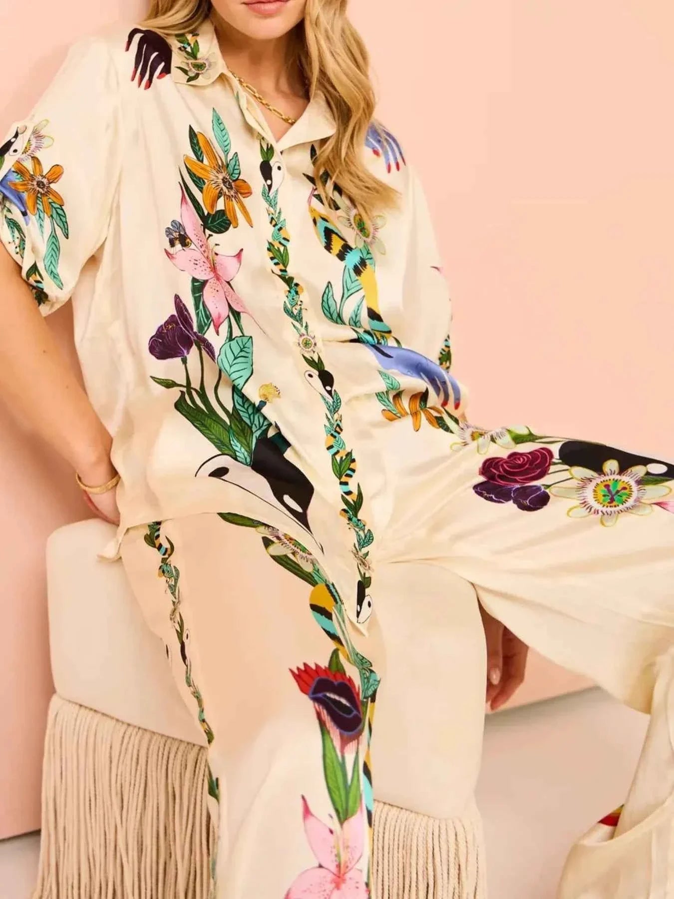 Printed Button-Up Shirt and Pants Set.