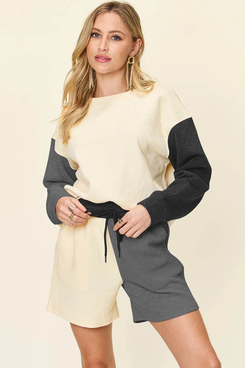 Double Take Contrast Drop Shoulder Set - Full Size Top & Shorts Combo - EBYNN