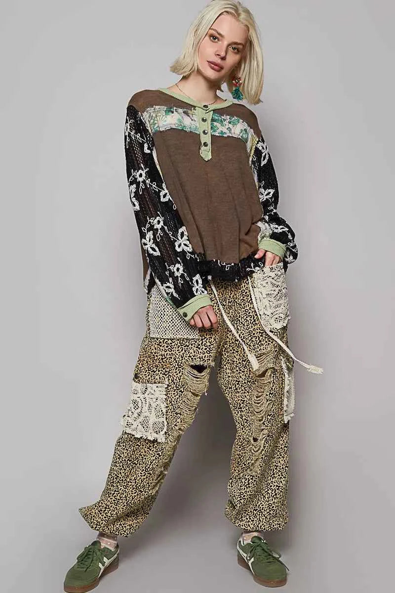 Floral Patchwork Crochet Sleeve Oversized Blouse.