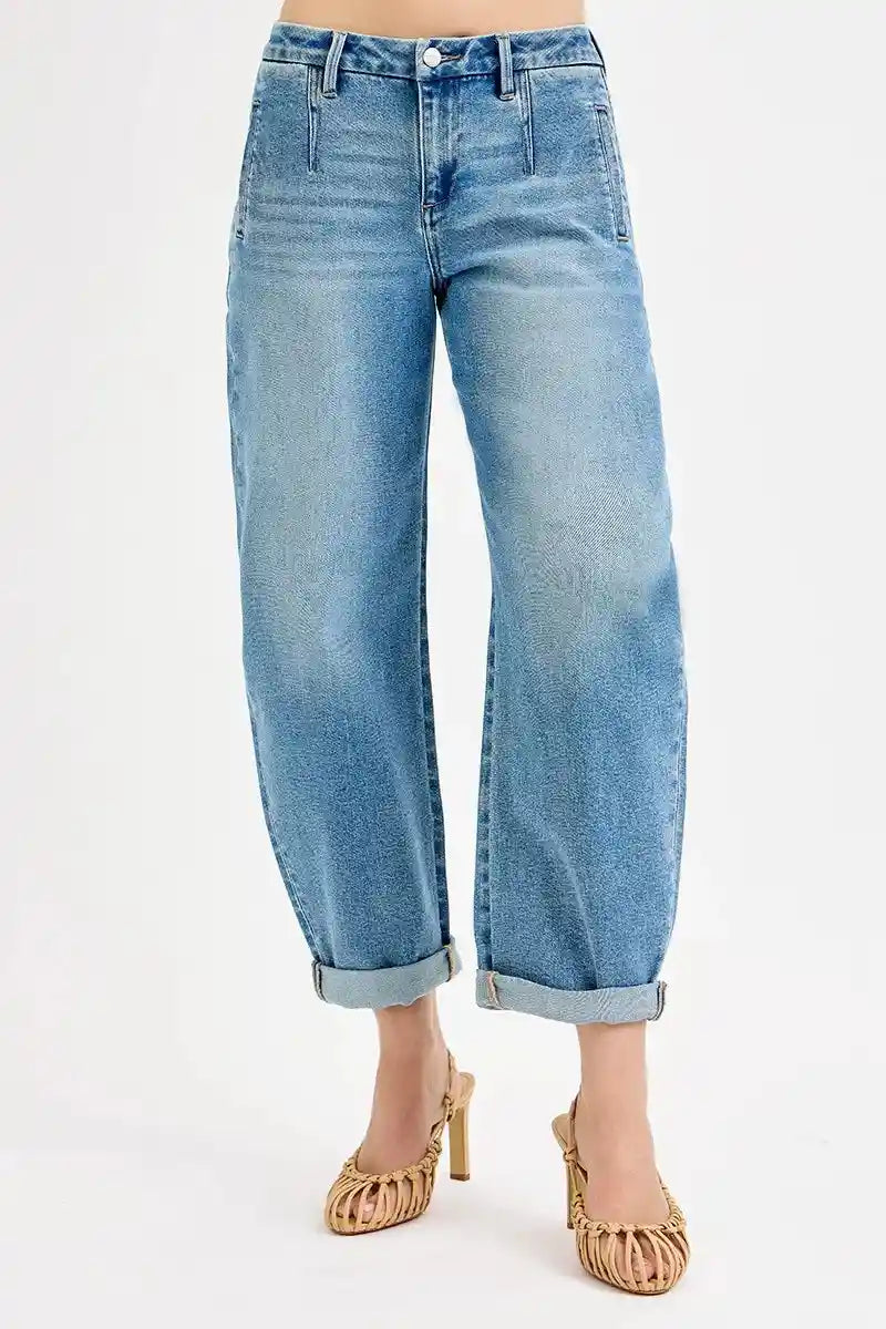 RISEN Full Size Mid Rise Fit Barrel Roll Up Jeans Plus Size.