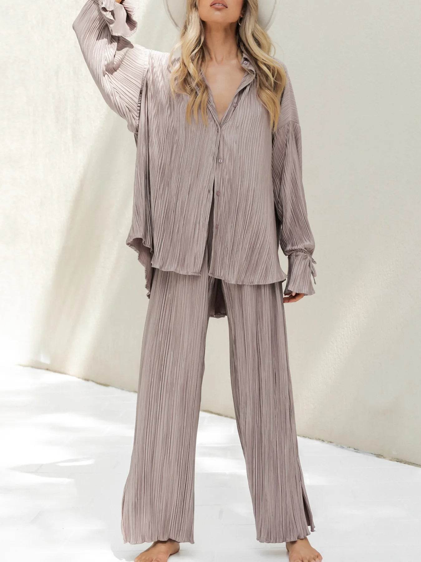 Button Up Long Sleeve Set with Pants - Stylish and Comfortable Outfit - EBYNN
