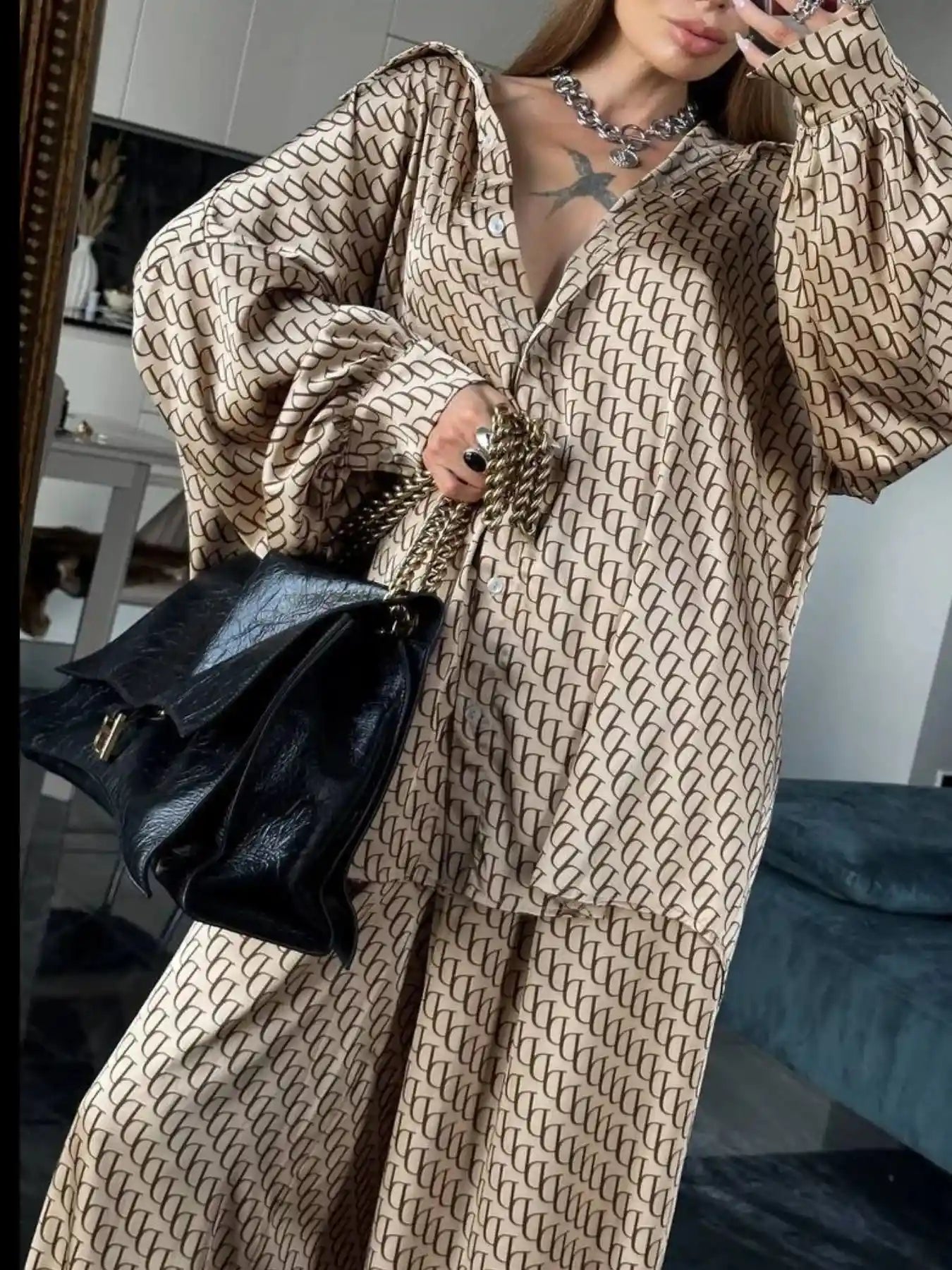 Printed Button Up Shirt and Pants Set.