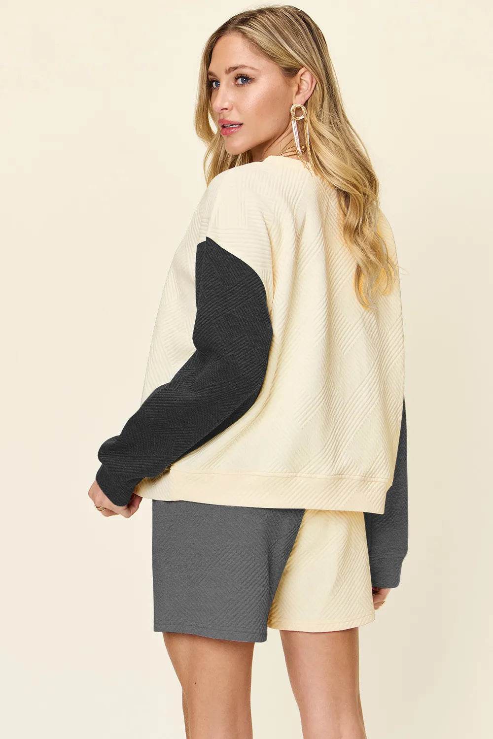Double Take Contrast Drop Shoulder Set - Full Size Top & Shorts Combo - EBYNN