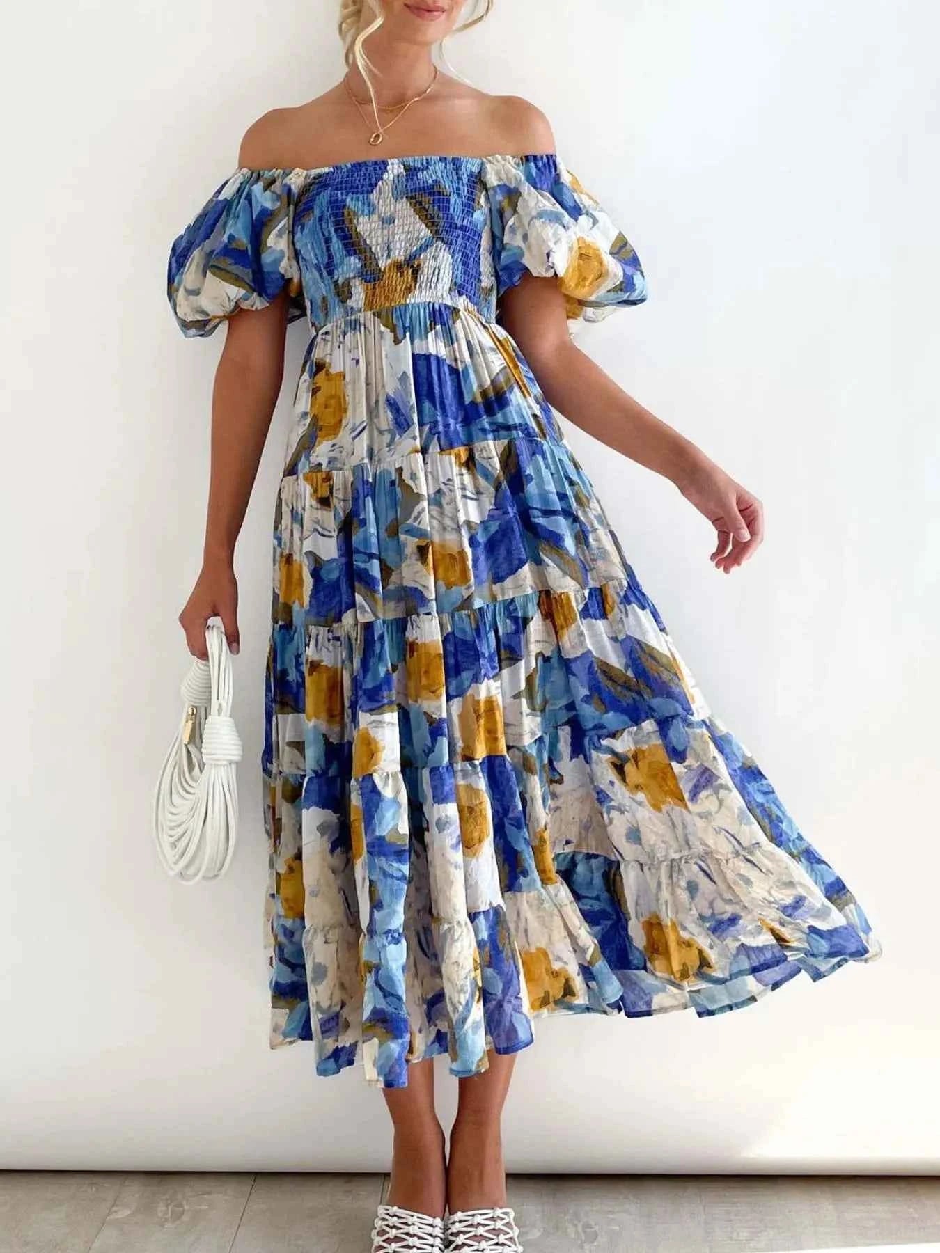 Floral Smocked Puff Sleeve Tiered Dress.