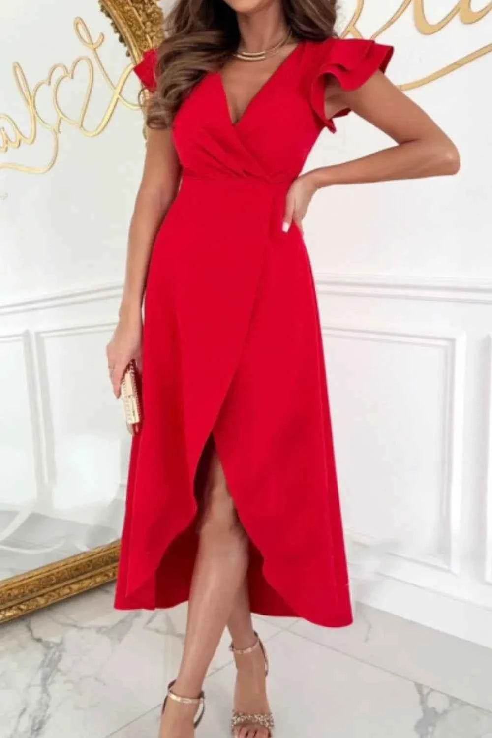 Surplice Ruffled Cap Sleeve Zip Back Dress.