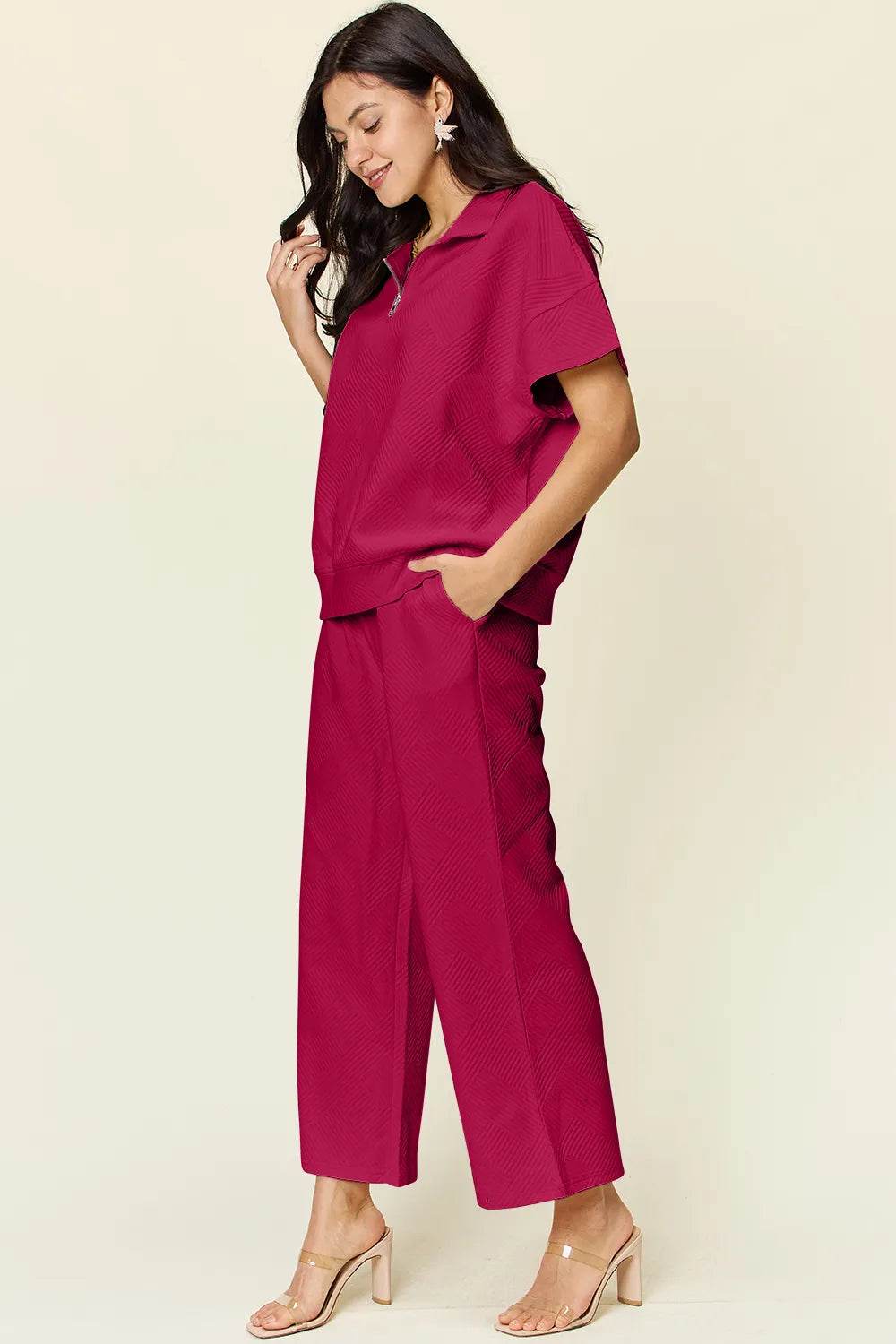 Double Take Texture Set: Full Size Half Zip Top & Pants Set - EBYNN