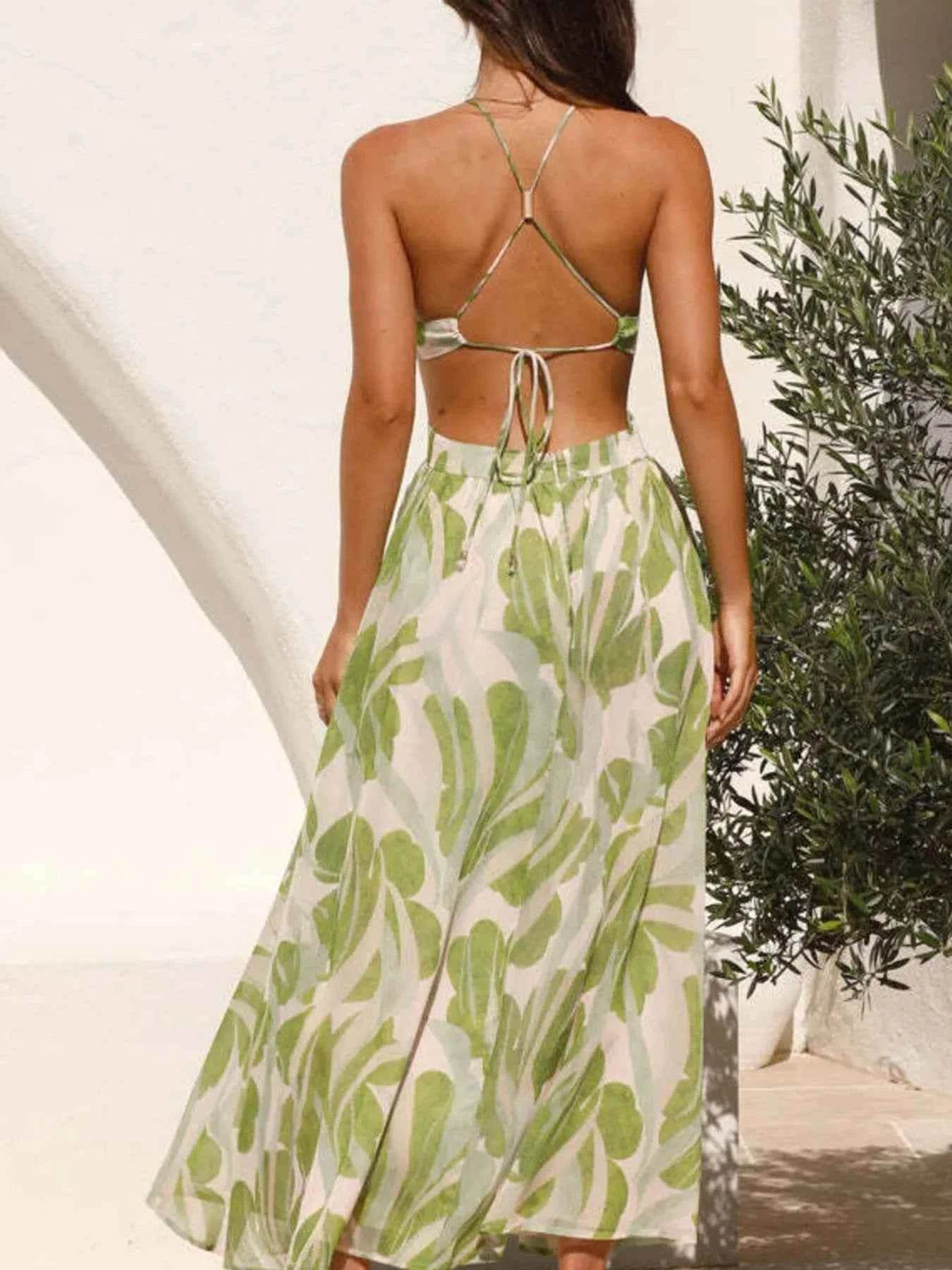 Tropical Print Backless Maxi Sleeveless Dress.