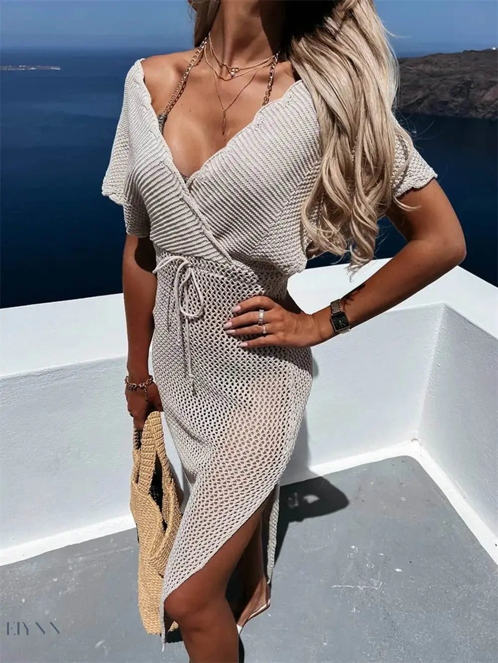 Slit Surplice Cover Up Dress with Waist Tie - EBYNN