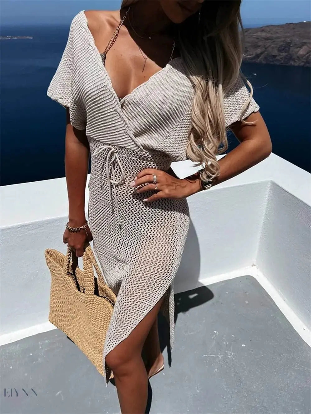 Slit Surplice Cover Up Dress with Waist Tie - EBYNN