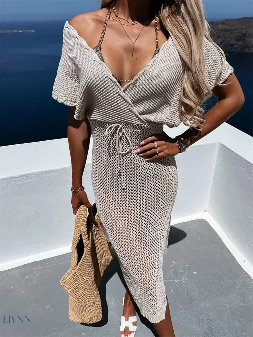 Slit Surplice Cover Up Dress with Waist Tie - EBYNN