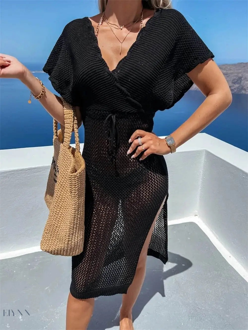 Slit Surplice Cover Up Dress with Waist Tie - EBYNN