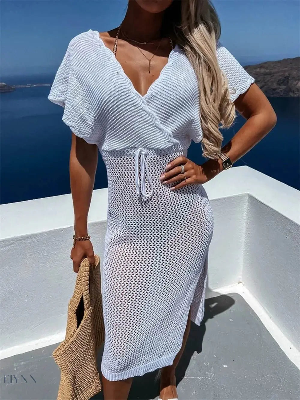 Slit Surplice Cover Up Dress with Waist Tie - EBYNN