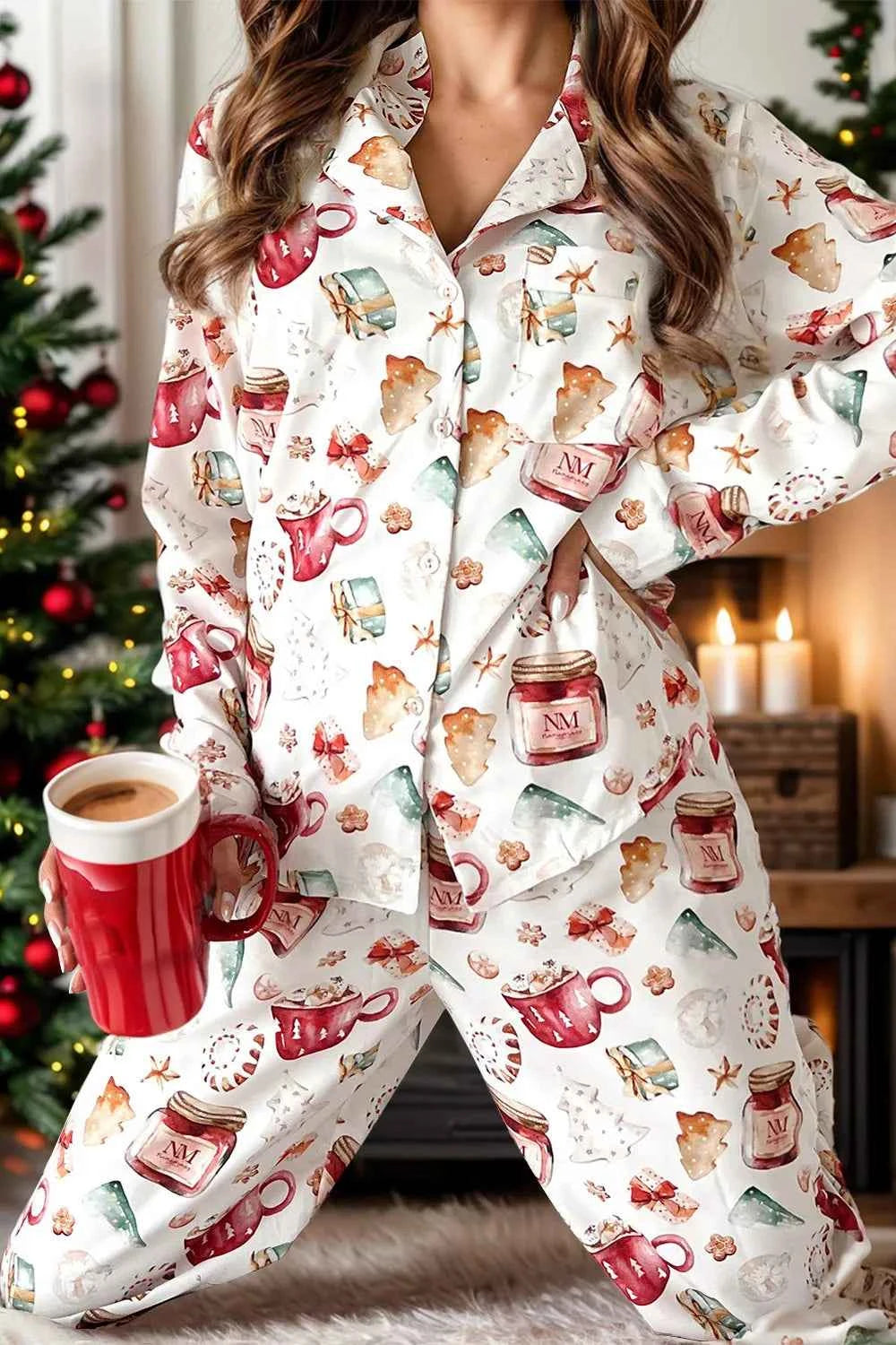 Printed Collared Neck Top and Pants Lounge Set.