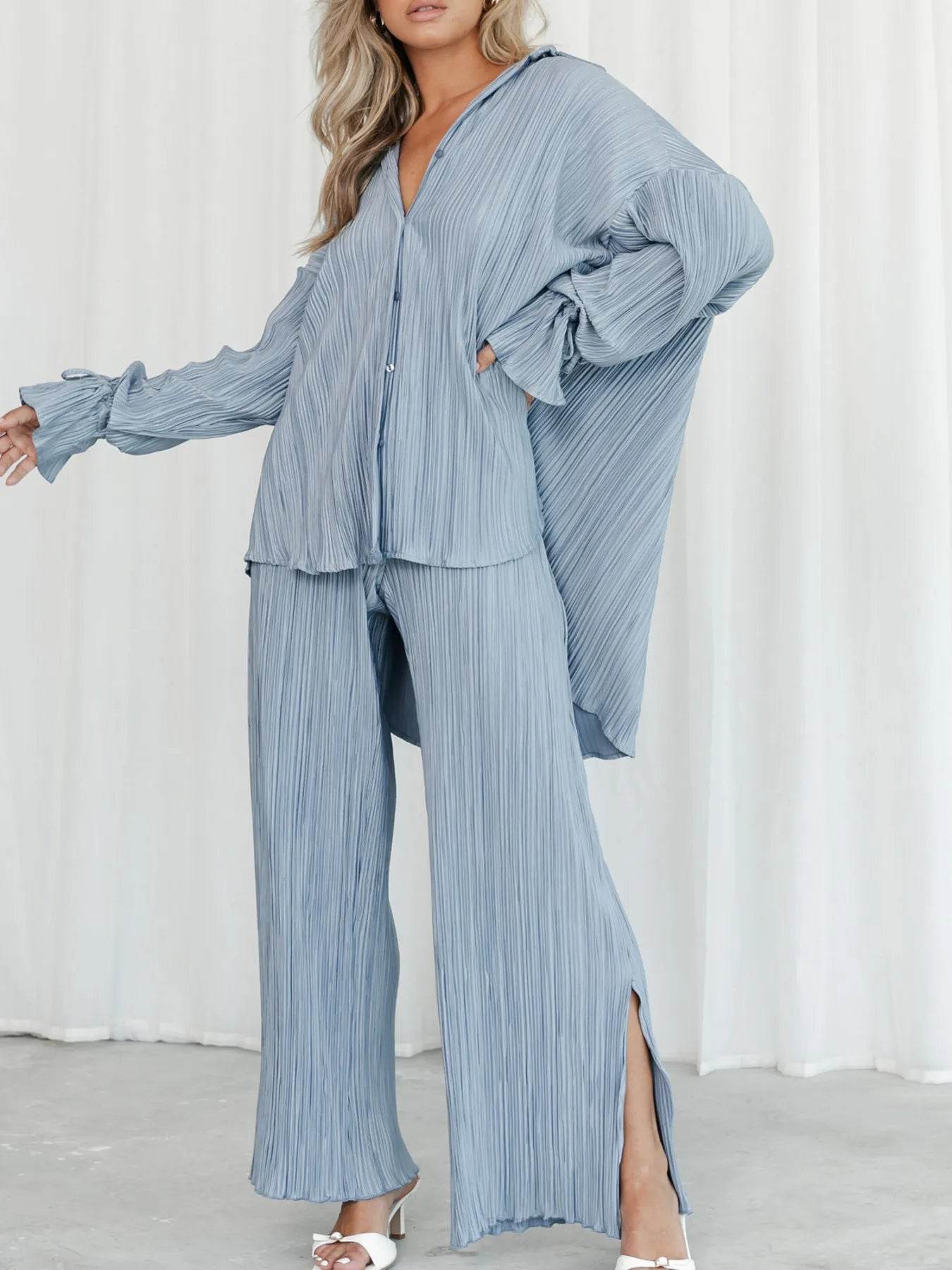 Button Up Long Sleeve Set with Pants - Stylish and Comfortable Outfit - EBYNN