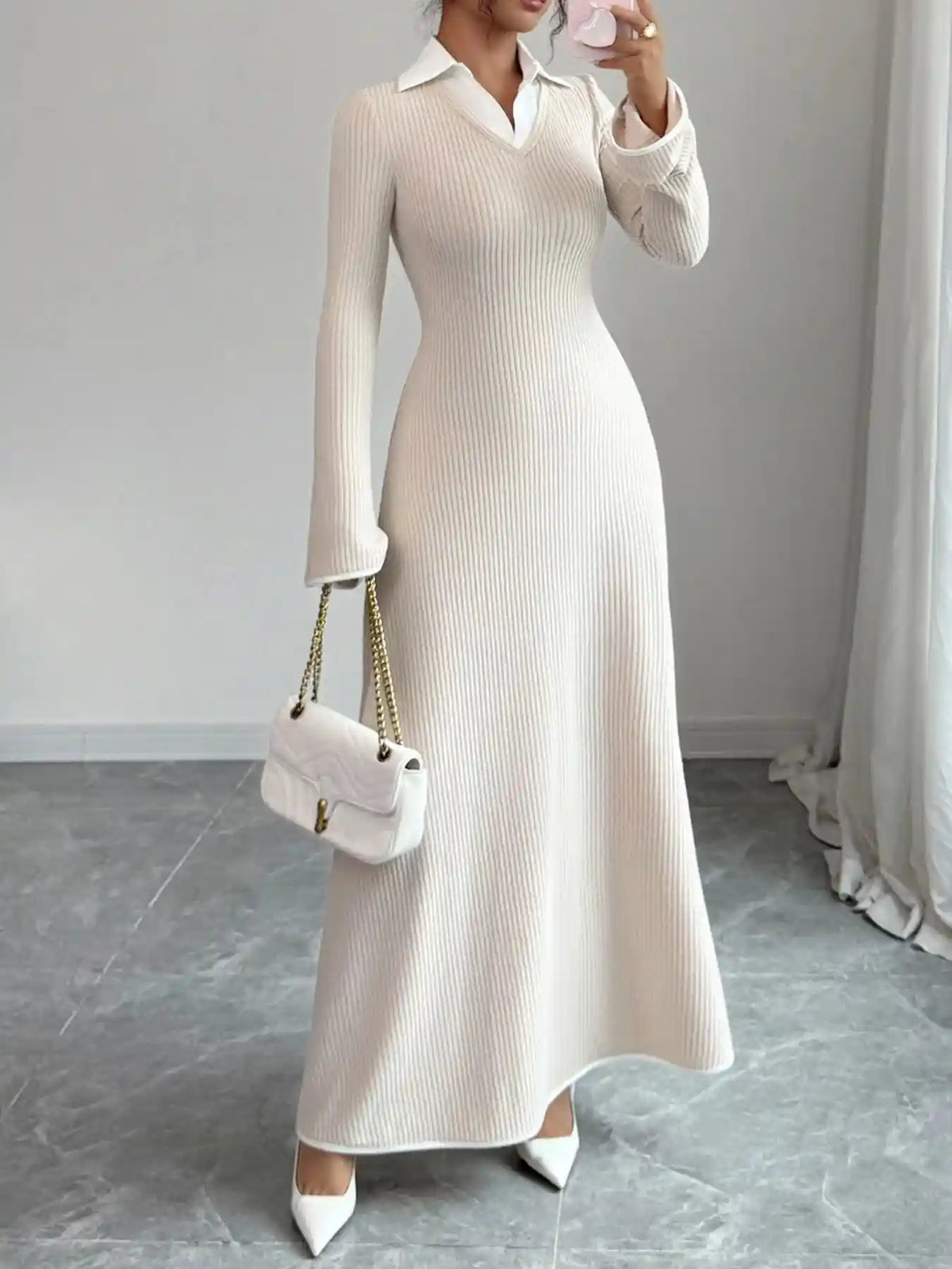 Ribbed Knit Long Sleeve Maxi Dress with Collar.