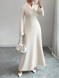 Ribbed Knit Long Sleeve Maxi Dress with Collar.