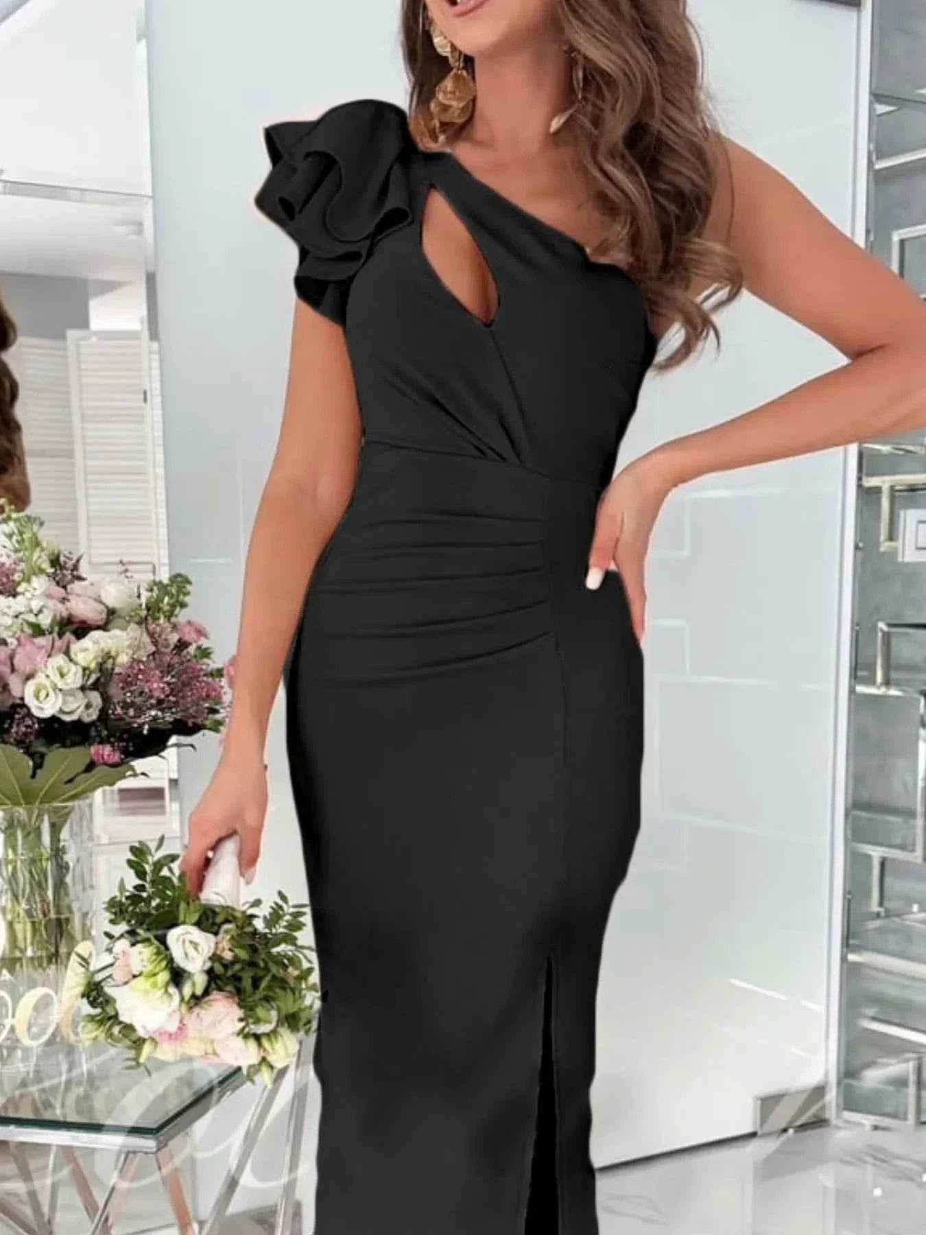Cutout One Shoulder Ruffle Split Dress.
