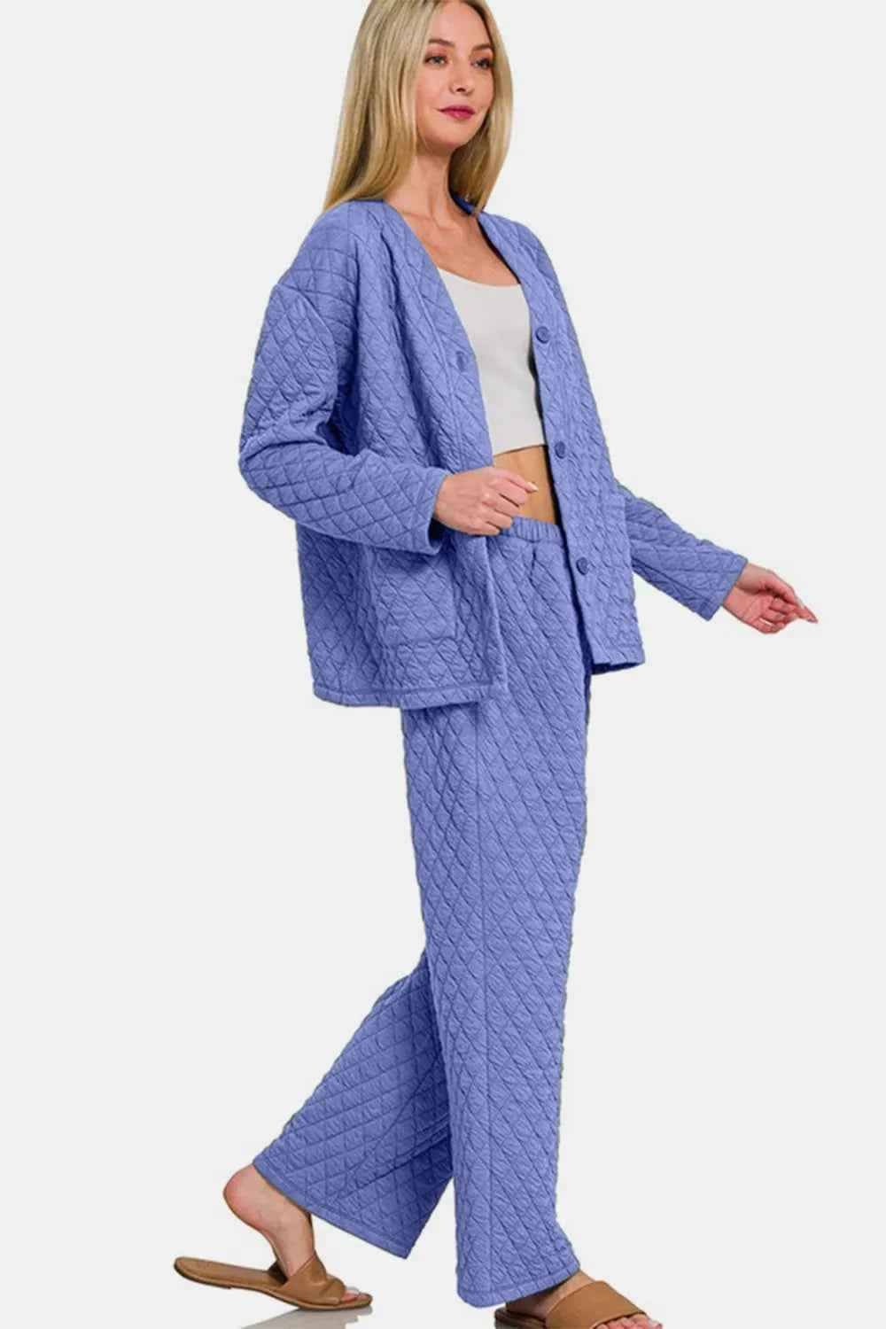 Zenana Quilted Button Up Long Sleeve Top & Pants Lounge Set.